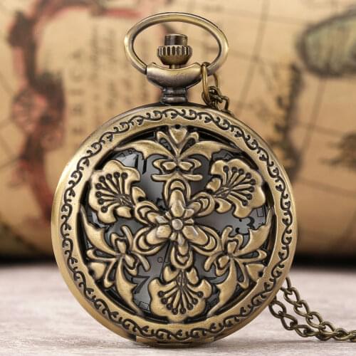 Retro Bronze Hollow Engraved Pattern Flower Leaf Quartz Ancient Necklace Chain Flowers Clock Pendant for Men Women New Arrivals