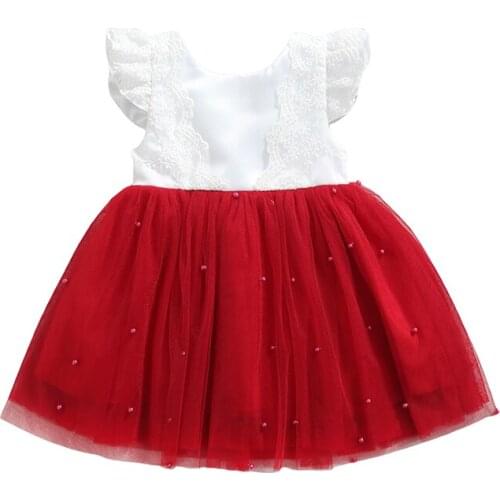 Christmas Little Girls Dress Sweet Style Lace Bow Faux Pearl Decoration Fly Sleeve Mesh Princess Dress Xmas Kids Children 6M-6Y