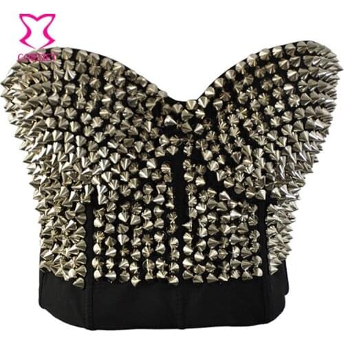Striking Silver Metallic Rivet Studded Bras For Women Bustier Bra Push Up Spiked Bralette Soutien Gorge Sexy Brassiere Club Wear