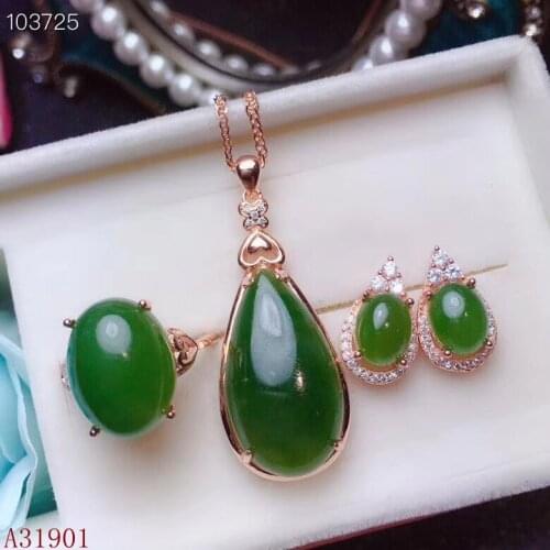 KJJEAXCMY Boutique jewelry 925 Silver-inlaid Natural Hotan Jade Female Pendant + Necklace Ring Ear Nail Set Support Detection 2