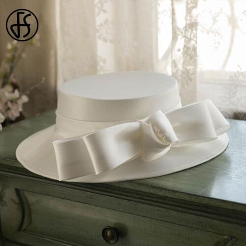 FS White Boater Flat Top Hats For Women Summer Wide Brim Fedora Hat 2021 Bowknot French Church Hats British Lady Party Derby Hat