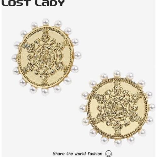 Lost Lady Vintage Alloy Coin Stud Earrings Geometric Circle Simulated Pearls Statement Earrings for Women Retro Engraved Jewelry