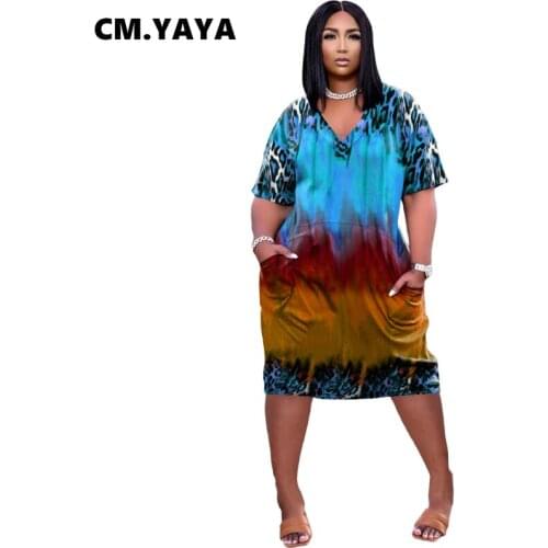 CM.YAYA Women Midi Dress Leopard Gradient Color Short Sleeve V-neck Pockets Loose Straight Dresses Fashion Outfit Summer 2021