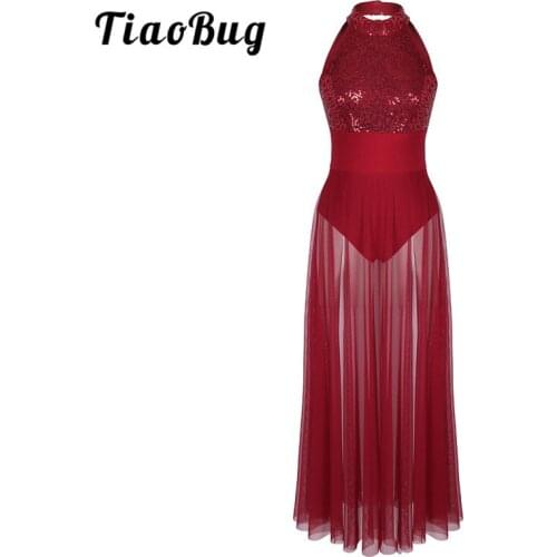 TiaoBug Women Sleeveless Halter Shiny Sequins Stage Performance Lyrical Dance Costumes Ballet Leotard Adult Maxi Mesh Long Dress