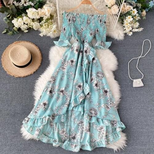 Boho Vintage Ruffles Floral Print 2020 split Sexy Off Shoulder Dress Summer Maxi Long Party Women Irregular Beach Holiday dress
