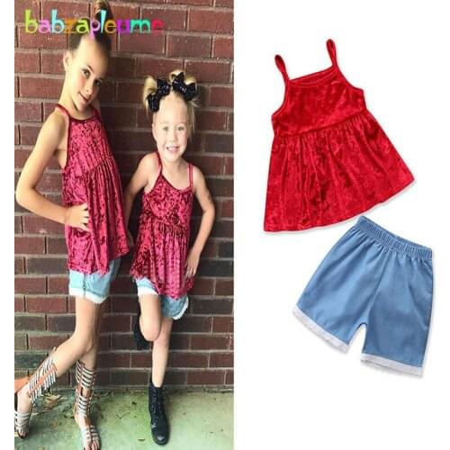 2Piece/Little Girls Summer Clothes Kids Outfits Baby Red Tops Cute Sleeveless T-shirt+Denim Shorts Children Clothing Sets BC1771