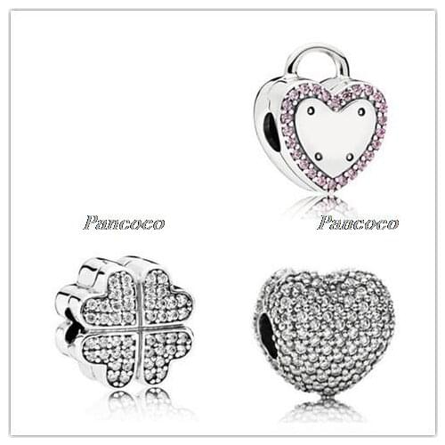 Authentic 925 Sterling Silver Sparkling Heart Clip Charm Fit Original Pandora Beads Bracelet & Necklace Women Fine Jewelry