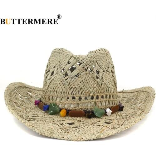 BUTTERMERE Summer Cowboy Hat Straw Womens Hats Handmade Sun Hat for Men Cowgirl False Gem Decoration Beach Cap Panama