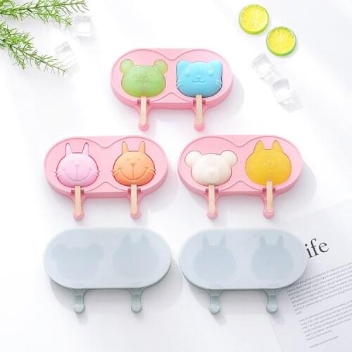 Double Grid Cartoon Kitten/rabbit Ice Cream Silicone Mold Family Version Cute Animal Ice Cream Mold DIY Ice Cube Tray with Lid