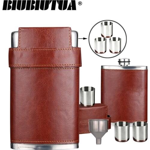 BIUBIUTUA 8oz Outdoor Portable Flask Mini Stainless Steel Hip Flasks Lid With 3 Cups Leather Covered Flagon Flask For Alcohol