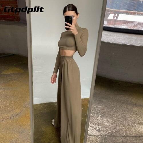 Gtpdpllt 2021 Loung Wear Long Sleeve Crop Top And Loose Pant Set Women Casual Y2K Two Piece Sets Blakc Sexy Outfits
