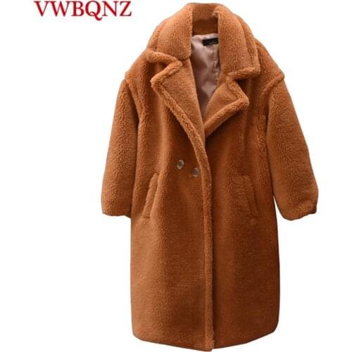 Caramel color warm thick Women Long Coat loose winter Lambswool jacket brand clothing Star with casual Female Overcoat jackets