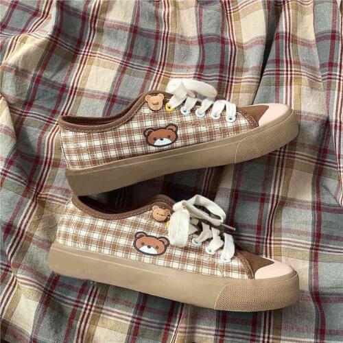 Cute Bear Plaid Canvas Shoes Women 2021 Casual Tie Running Shoes Autumn Student Kaoui Brown Flat Sole Low Vulcanized Shoes
