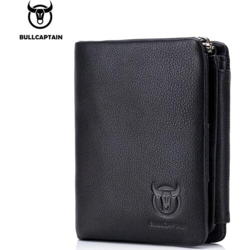 BULLCAPTAIN Genuine Leather RFID Retro Wallet Men 3 Fold Small Short Zipper wallet card bag men Wallets clutch with Coin Purse
