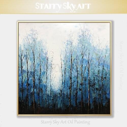 Hand-painted Artwork Blue Birch Acrylic Painting Hand-painted Beautiful Landscape Blue Birch Acrylic Painting for Living Room