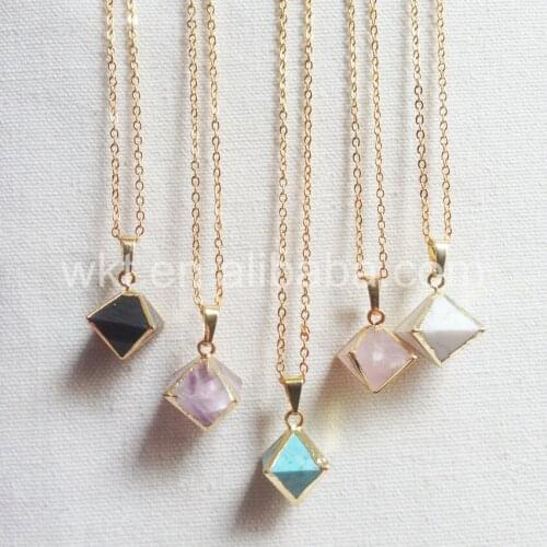 WT-N695 Charm Polygon Stone Chain Necklace natural stone in gold electroplated pink quartz pendant gold chain necklace jewelry
