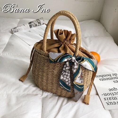 Casual Concise Handmade Woven Vacation Silk Scarf Tote Bags for Women 2021 High Quality Solid Color Beach Straw Bag Sac A Main