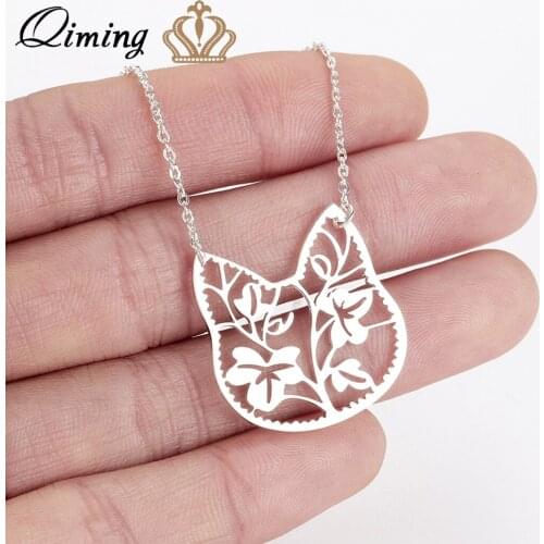 QIMING Brach Leave Flower Cute Cat Necklace Women Jewelry Animal Pendant Necklace Girlfriend Gift Accessories