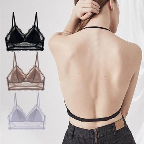 Sexy Backless Bra Ladies Lace Mesh Halter Thin Bra Low Back Women Soft Seamless Padd Bralette For Small Chest Encaje Mujer