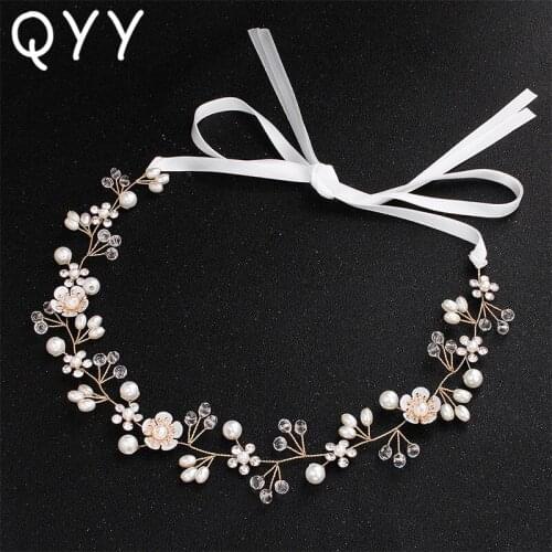 QYY Flowers Austrian Crystal Pearls Vine Wedding Headbands Bridal Hair Accessories Hair Jewelry Bridesmaid Headpieces Tiaras