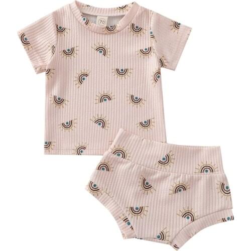 Babys Two-piece Clothes Set Sun and Rainbow Pattern Short Sleeve Tops and High Waist Shorts Casual Baby Girl Clothing Set