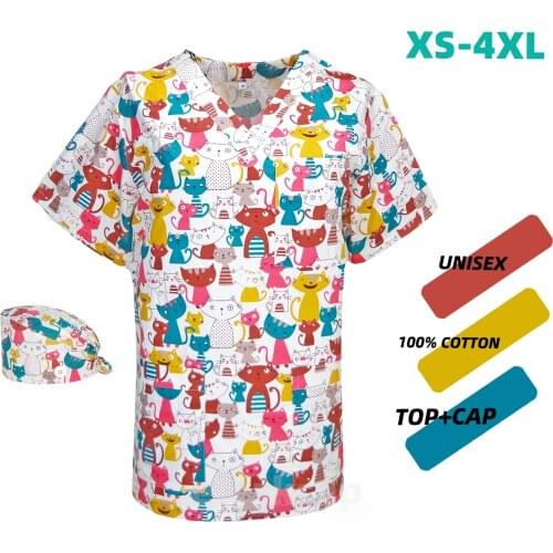 Unisex scrubs uniforms tops cap nurse doctors workwear working clothes Cartoon Print Short Sleeved Beautician Dentist scrub top