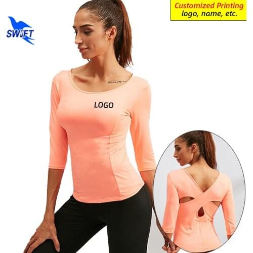 Customize LOGO Quick Dry Yoga Shirts Women 3/4 Sleeve Cross Back Elastic Running T-Shirt Sexy Gym Fitness Slim Fit Sports Tops