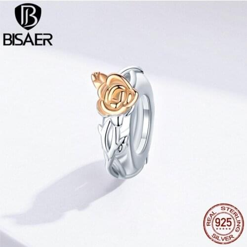 Rose Flowers Charms BISAER 925 Sterling Silver Blooming Spacer Rose Flower Beads fit Women Bracelets Silver 925 Jewelry EFC146