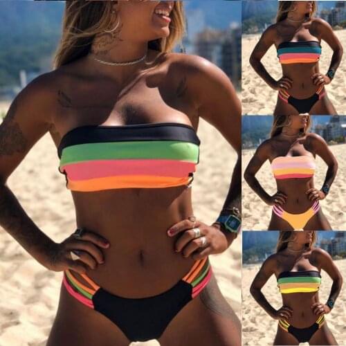 Women Bikini Set Swimwear Colored Stripes Push-up Padded Bra Bathing Beachwear Bandeau Maillot De Bain Femme 2020 #T1G