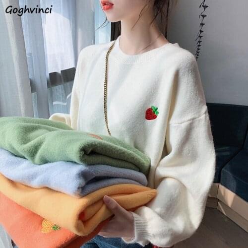 Women Sweater Pullovers Trendy Thicker Loose Sweet Strawberry Fruits Embroidery Knitting Sweaters Sweet Colorful Cute Girls Chic