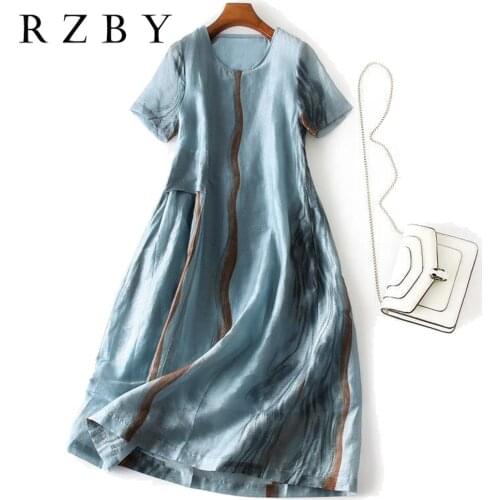 2021 New Summer Irregular Blue Print Pocket Dress Female Loose Long Casual Vestido Slik Feeling StainRoupas Femininas RZBY450