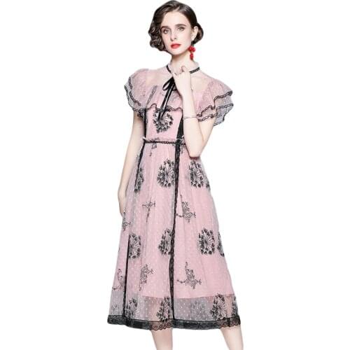 Summer Gauze Noble Elegant Pink Dresses Womens Butterfly Sleeve Ruffles Bow Collar Lace Embroidered Mesh Party Vestido k9970