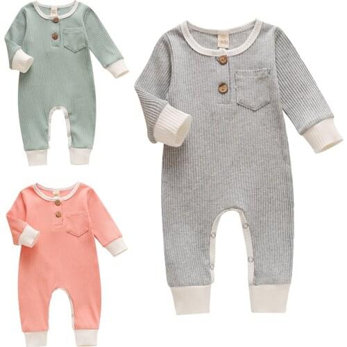 2020 Newborn Infant Baby Girls Boys Clothing Long Sleeve Round Neck Romper Kids Solid Color Jumpsuits Toddler Fall Clothes 0-12M