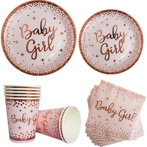 32pcs Baby Shower Rose Gold Pink Disposable Foil Paper Plate Napkins Cups Girl Birthday Tableware Party Set Supplies