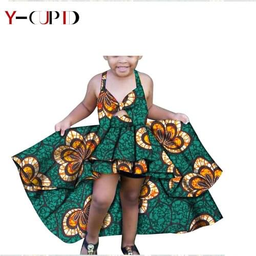 African Wax Clothes for Kids Bazin Riche Children Girls Cotton Ankara Print Bowtie Asymmetrical Dresses Party Wedding YS1940013