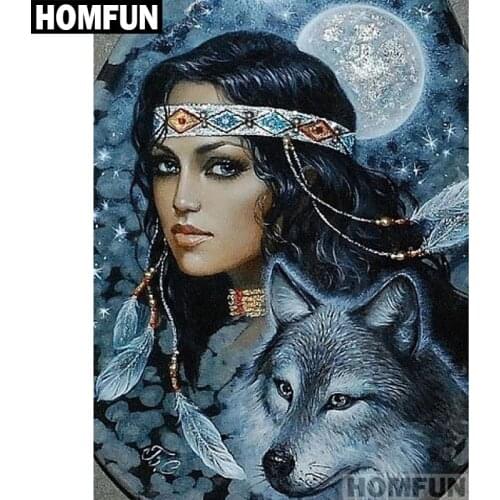 HOMFUN Full Square/Round Drill 5D DIY Diamond Painting "Indians & wolf" Embroidery Cross Stitch 5D Home Decor A01123