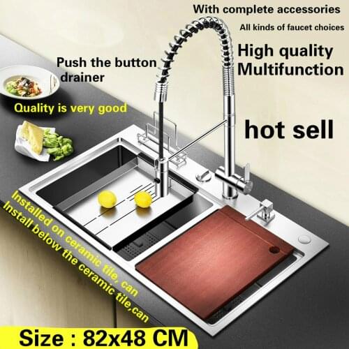 Free shipping Hot sell standard push the button - drainer luxury big kitchen manual sink double groove stainless steel 82x48 CM