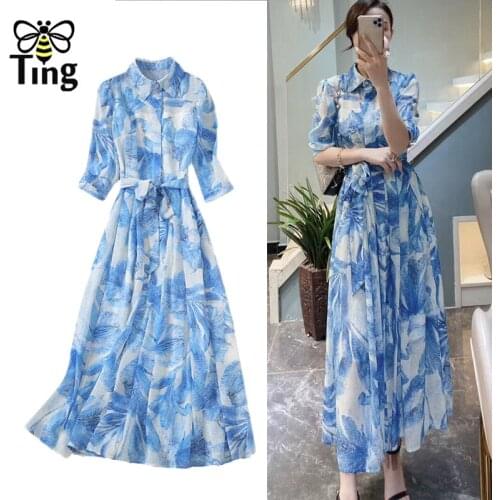 Tingfly Designer Fashion Floral Print Button Up Midi Long Shirt Dress Vintage Elegant A Line Blue Dress Urban Lady Outfits Robe