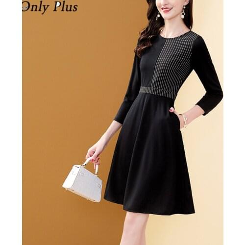 Only Plus Black Striped Patchwork Dress Women Autumn 2021 New SlimTemperament Stitching O-neck All-match Dress A-line Vestidos