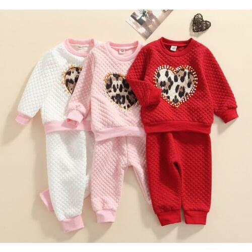 FOCUSNORM 0-6Y Autumn Winter Lovely Kids Girls Clothes Sets 2pcs Leopard Heart Printed With Pearl Long Sleeve Sweatshirt Pants