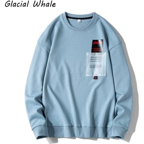 GlacialWhale Crewneck Sweatshirt Men 2021 Spring Print Patchwork Japanese Streetwear Harajuku Casual Blue Hoodie Men Sweatshirts