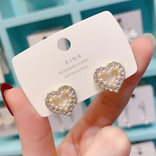 Korean Simple Shiny Zicron Hollow Pearl Heart Stud Earrings For Women Students Elegant Cute Boucle earrings Jewelry
