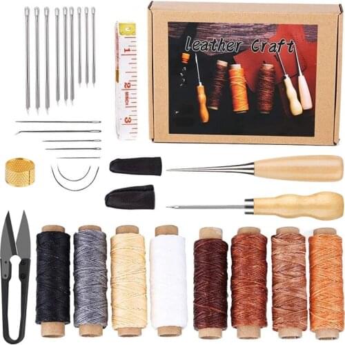 LMDZ 30Pcs Set Leather Craft Stitching Kit, Leather Repair Tool with 8 Color Waxed Thread (A Total of 440 Yards) and Large-Eye