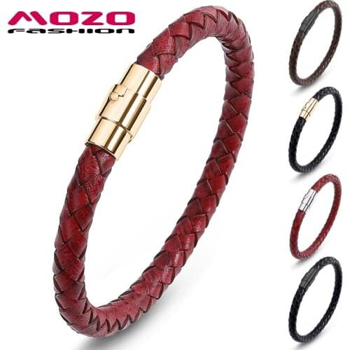 MOZO FASHION Men Leather Rope Chain Bracelets Stainless Steel Magnetic Clasps High Quality Women Gifts Vintage Jewelry 626