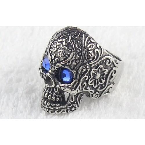 Mens Blue Stone Eyes Gothic Poker Skull Flower Stainless Steel Biker Ring Mens Jewelry