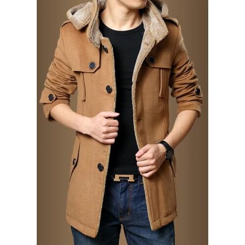 WOQN Trench Coats Men 2020 Winter Fashion Men Thick Jackets Fleece Slim Fit Hooded Trench Coat Long Casual Jackets Men Plus Size