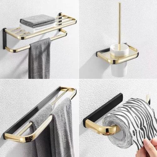 Brass black gold bathroom accessories set, golden paper holder, towel bar, soap basket, glass shelf, bathroom hardware set