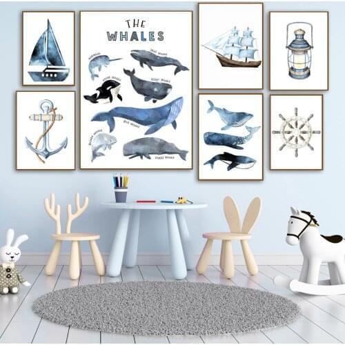Nautical Rudder Anchor Light Whale Ship Nursery Wall Art Canvas Painting Nordic Posters And Prints Wall Picture Kids Room Decor