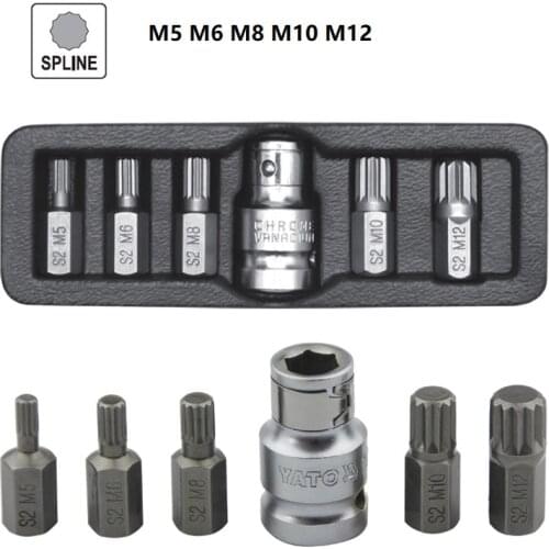 New 6pcs/set 12 Point Spline 10mm Hex Shank 12 Screwdriver Bits Impact Bit M5 M6 M8 M10 M12 with 1/2" Drive Socket