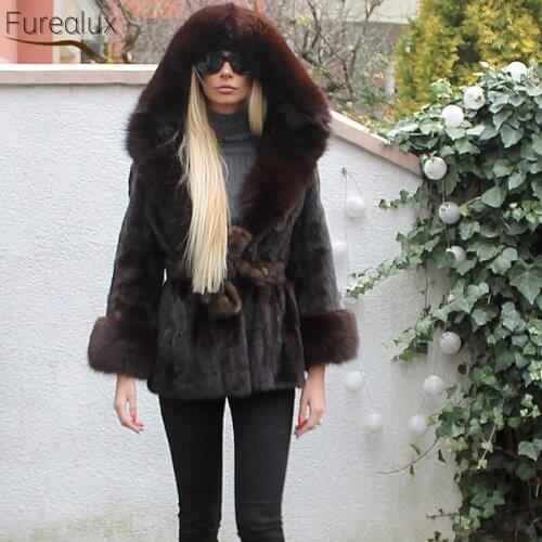 FUREALUX 2021 New Real Mink Fur Coat Winter High-end Warm Jacket Womens Fashion Thickened With Fox Fur Hat Brim Luxury Clothing